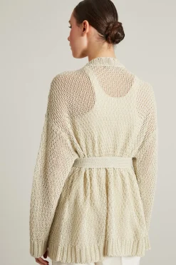 Cardigan in lino con cintura - Paglia