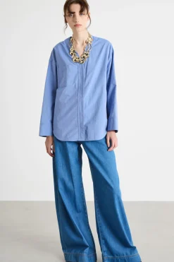 Casacca a V in tela - Azzurro