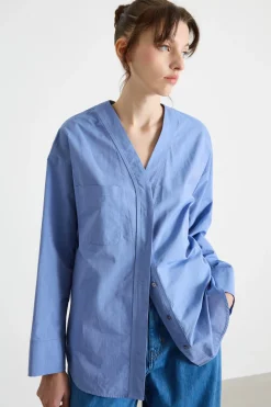 Casacca a V in tela - Azzurro