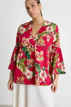 Casacca con balza in raso stampato - Rosso
