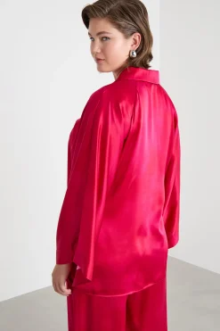 Casacca in raso con stampa piazzata - Fuxia