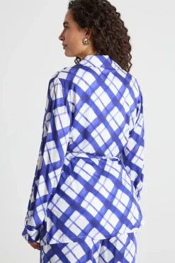 Casacca in raso fluido con cintura - Blu Bianco