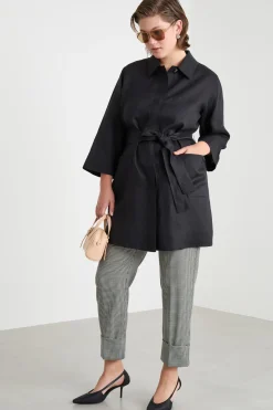 Casacca in tela con cintura - Nero