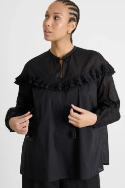 Casacca in voile con balze plissé - Nero