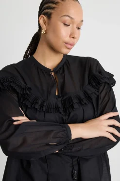 Casacca in voile con balze plissé - Nero