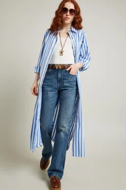 Chemisier a righe con fusciacca - Azzurro Polvere Bianco