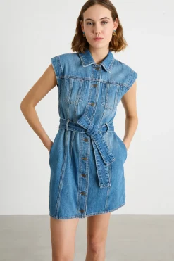Chemisier smanicato con cintura - Azzurro