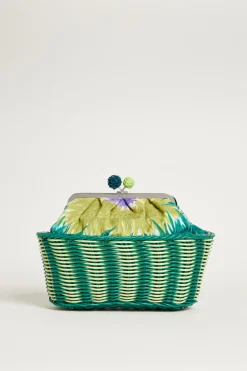 Clutch in tela stampata e rattan - Verde