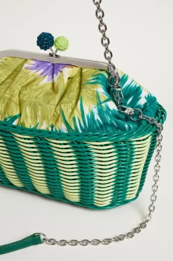 Clutch in tela stampata e rattan - Verde