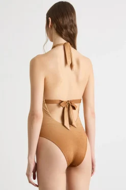 Costume intero a V in jersey sfumato - Cammello Beige