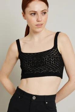 Crop top in cotone crochet - Nero