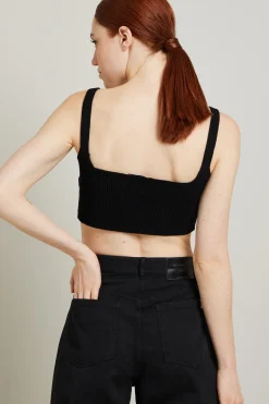 Crop top in cotone crochet - Nero