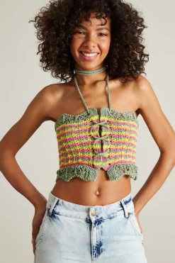 Crop top in maglia - Verde Giallo Fuxia