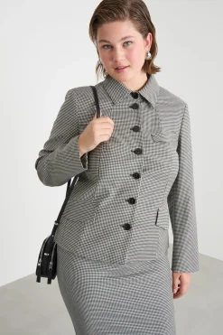 Giacca aderente con fantasia pied de poule - Nero Bianco
