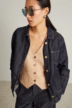 Giacca in denim di cotone e lino - Blu Scuro Denim
