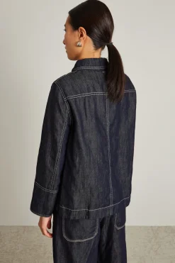 Giacca in denim di cotone e lino - Blu Scuro Denim