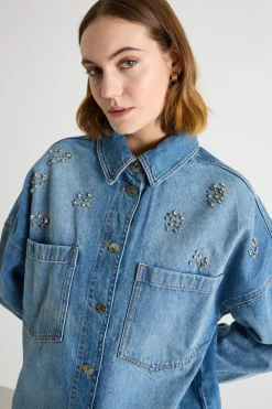 Giacca in jeans con strass - Azzurro
