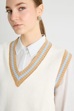 Gilet aderente con bordi rigati - Bianco Cammello Azzurro