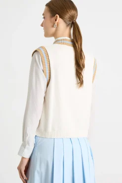 Gilet aderente con bordi rigati - Bianco Cammello Azzurro