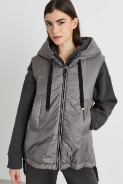 Gilet imbottito con cappuccio in tela antigoccia - Grigio