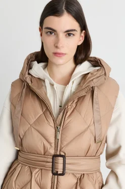 Gilet imbottito midi in tela antigoccia - Cammello