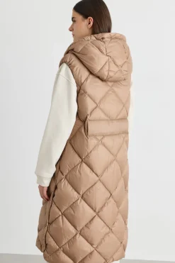 Gilet imbottito midi in tela antigoccia - Cammello