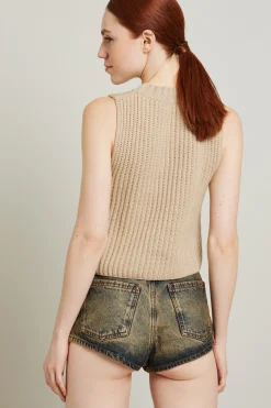 Gilet in filato di lana a coste - Sabbia