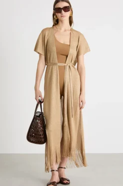Gilet in maglia con frange - Cammello Oro