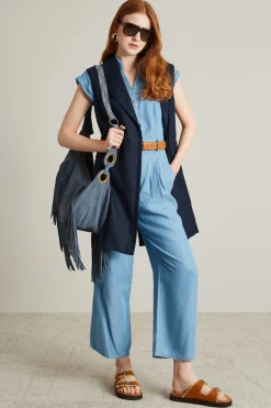 Gilet lungo in tela di lino - Blu Notte
