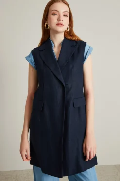 Gilet lungo in tela di lino - Blu Notte