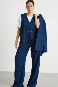 Gilet monopetto in tessuto gessato - Blu