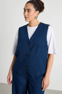 Gilet monopetto in tessuto gessato - Blu