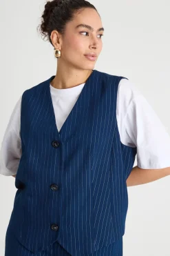 Gilet monopetto in tessuto gessato - Blu