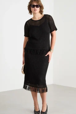 Gonna a tubino in maglia traforata - Nero