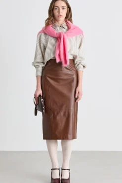 Gonna a tubino in pelle - Marrone