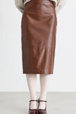 Gonna a tubino in pelle - Marrone