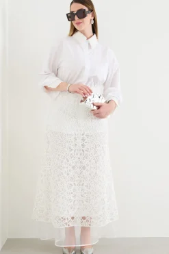 Gonna lunga in macramè e organza - Bianco