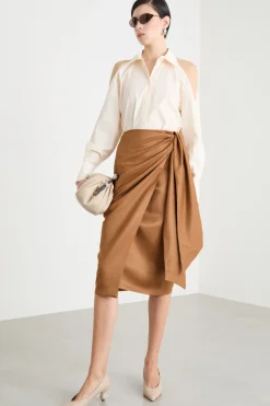 Gonna midi in twill con fusciacca - Marrone