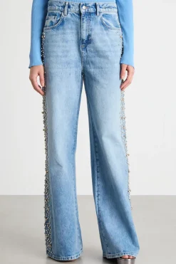 Jeans dalla linea ampia con strass - Azzurro