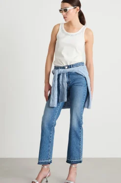 Jeans dritto con fondo svasato sfrangiato - Blu