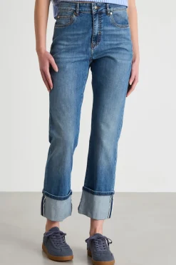 Jeans dritto con risvolto alto - Blu