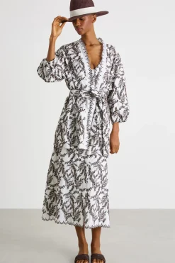 Kimono in popeline ricamato - Bianco Marrone