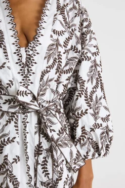 Kimono in popeline ricamato - Bianco Marrone