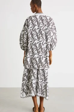 Kimono in popeline ricamato - Bianco Marrone