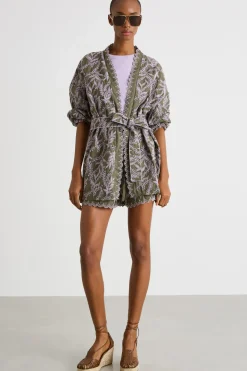 Kimono in popeline ricamato - Verde Lilla