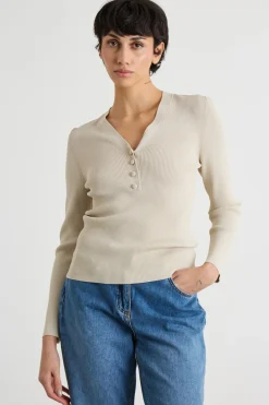 Maglia aderente con scollo a V - Beige