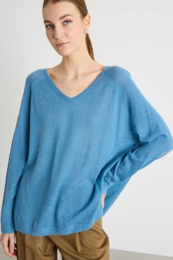 Maglia con ampio scollo a V - Azzurro