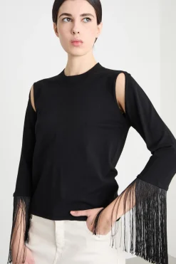 Maglia con cut-out e frange - Nero