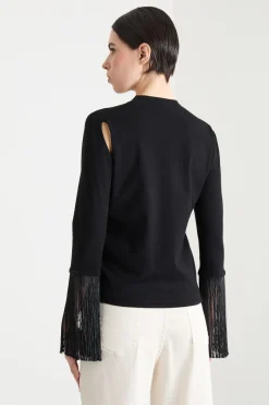 Maglia con cut-out e frange - Nero