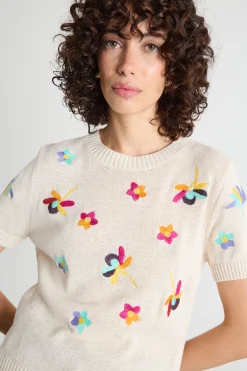 Maglia con fiori ricamati - Avorio
